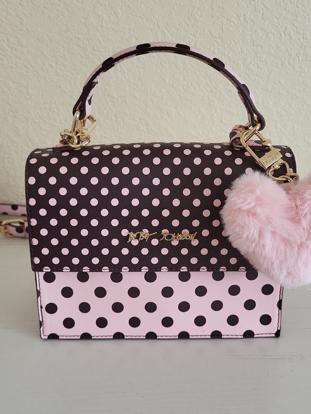 Betsey Johnson Pink And Dark Brown Polka Dot Top-Handle Crossbody Handbag